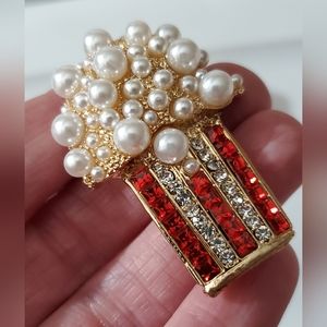 Popcorn brooch pearls 3D crystals sparkly gold New Movie night gift pin jewelry